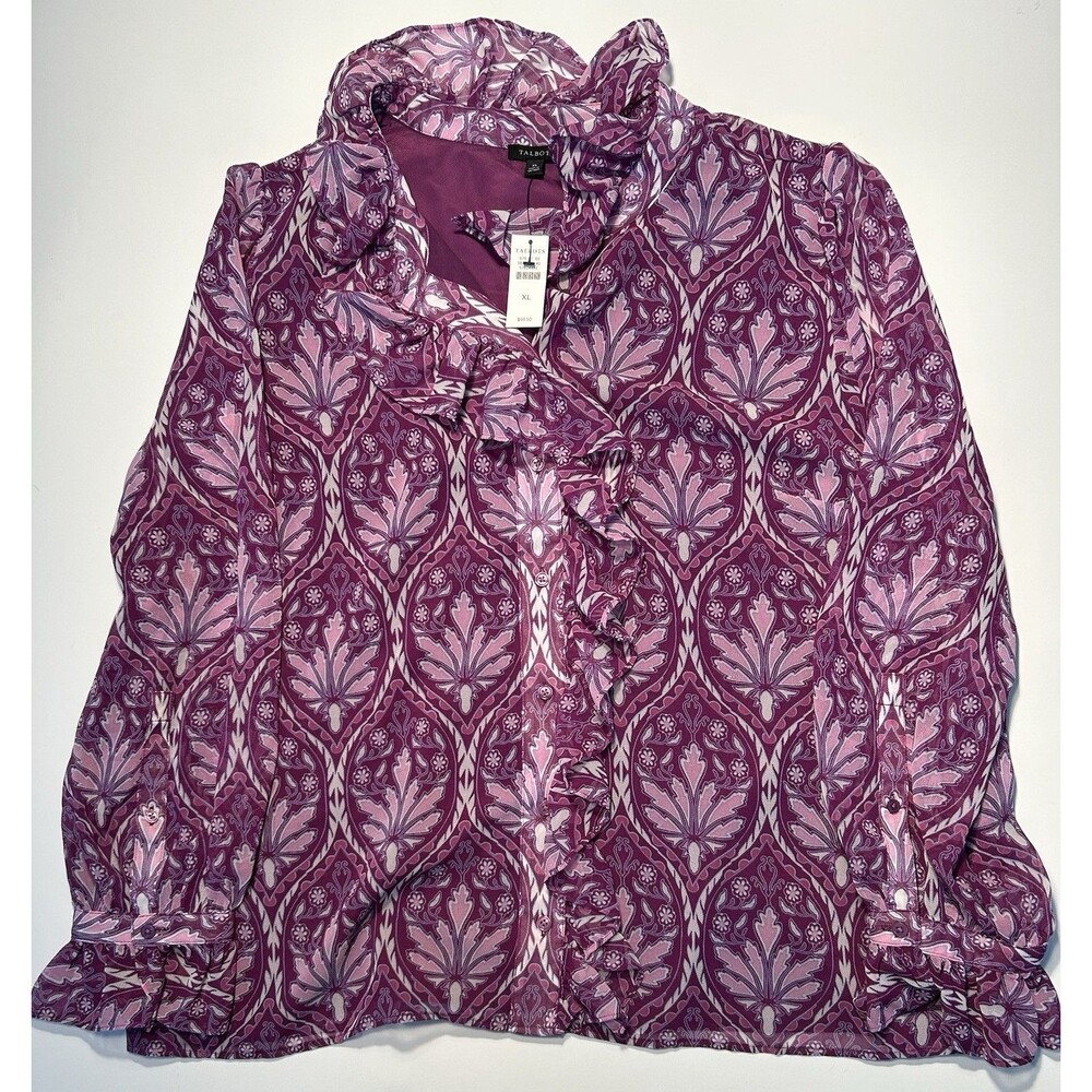 Talbots Women’s Ruffle Neck Purple Floral Medallion Top Size XL Boho Chiffon NEW